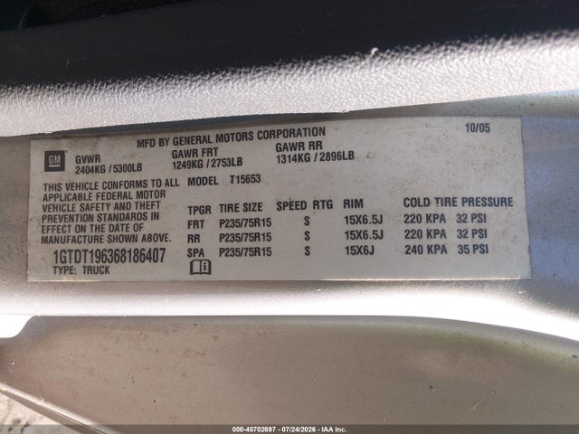 45702697 :رقم المزاد ، 1GTDT196368186407 vin ، 2006 Gmc Canyon Sle1 مزاد بيع