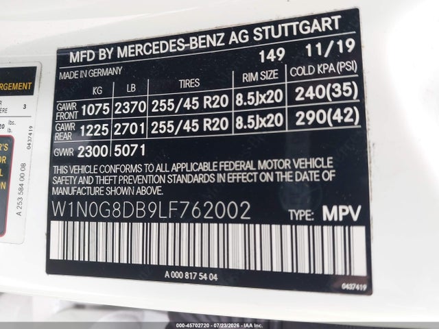 45702720 :رقم المزاد ، W1N0G8DB9LF762002 vin ، 2020 Mercedes-benz Glc 300 مزاد بيع