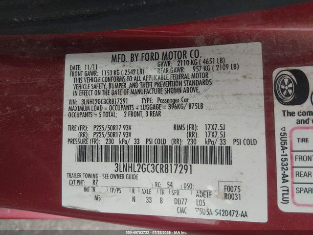 Продажа на аукционе авто 2012 Lincoln Mkz, vin: 3LNHL2GC3CR817291, номер лота: 45702722