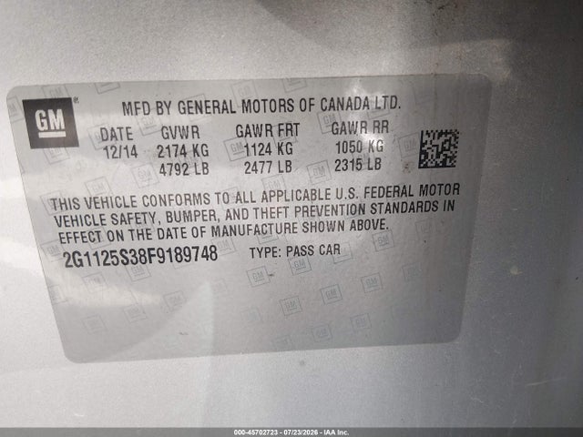 Aukcja sprzedaży 2015 Chevrolet Impala 2lt, vin: 2G1125S38F9189748, numer aukcji: 45702723