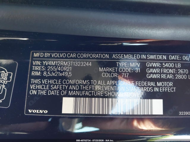 Aukcja sprzedaży 2026 Volvo Xc60 B5 Ultra, vin: YV4M12RM3T1323244, numer aukcji: 45702734