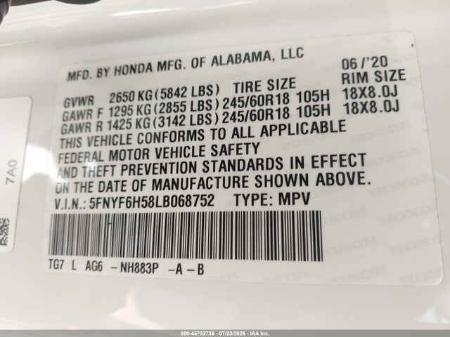 Honda Pilot Awd Ex-l 2020 5FNYF6H58LB068752 Image 9