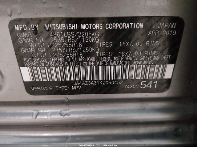 Продаж на аукціоні авто 2019 Mitsubishi Outlander Le, vin: JA4AZ3A31KZ050452, номер лоту: 45702746