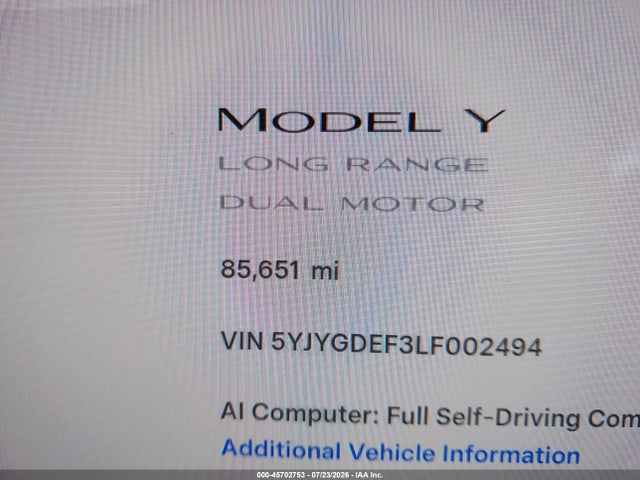Продаж на аукціоні авто 2020 Tesla Model Y Long Range Dual Motor All-wheel Drive/performance Dual Motor All-wheel Drive, vin: 5YJYGDEF3LF002494, номер лоту: 45702753
