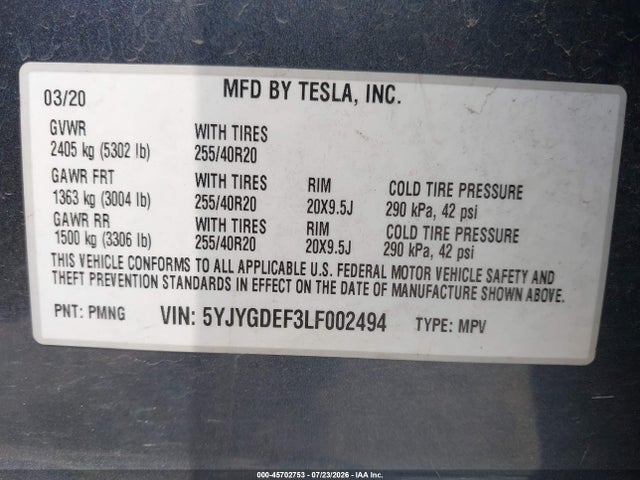 Продаж на аукціоні авто 2020 Tesla Model Y Long Range Dual Motor All-wheel Drive/performance Dual Motor All-wheel Drive, vin: 5YJYGDEF3LF002494, номер лоту: 45702753
