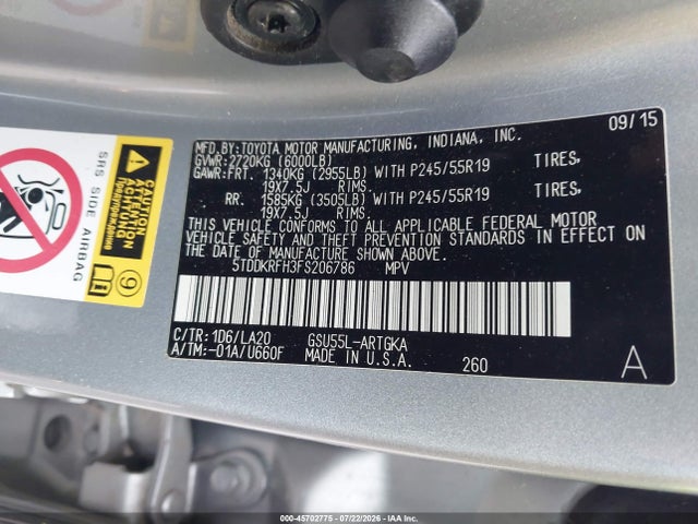 Toyota Highlander Limited V6 2015 5TDDKRFH3FS206786 Image 9
