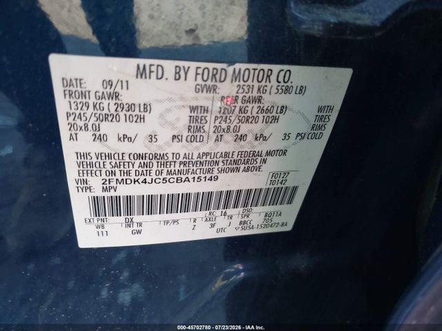 Aukcja sprzedaży 2012 Ford Edge Sel, vin: 2FMDK4JC5CBA15149, numer aukcji: 45702780
