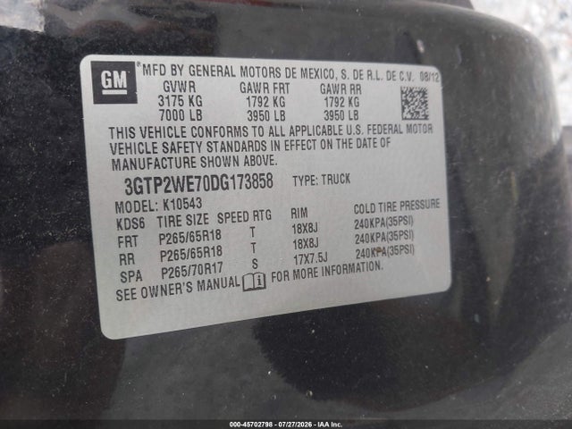 45702798 :رقم المزاد ، 3GTP2WE70DG173858 vin ، 2013 Gmc Sierra 1500 Slt مزاد بيع