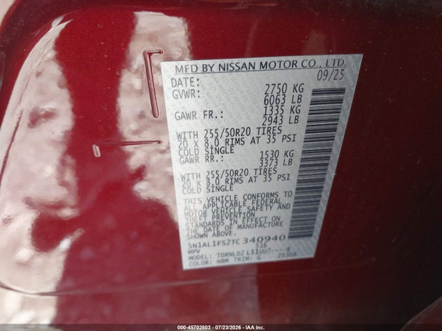 45702803 :رقم المزاد ، 5N1AL1FS2TC340940 vin ، 2026 Infiniti Qx60 Luxe Awd مزاد بيع