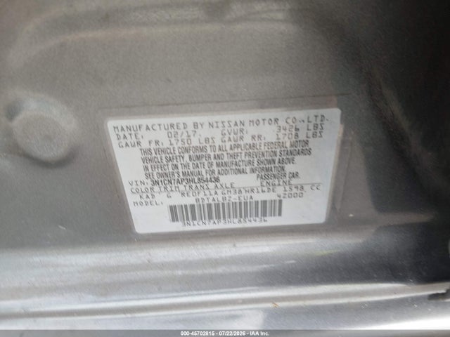Продажа на аукционе авто 2017 Nissan Versa 1.6 Sv, vin: 3N1CN7AP3HL854436, номер лота: 45702815