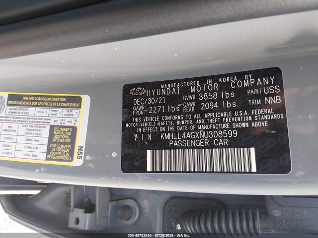 45702840 :رقم المزاد ، KMHLL4AGXNU308599 vin ، 2022 Hyundai Elantra Se مزاد بيع