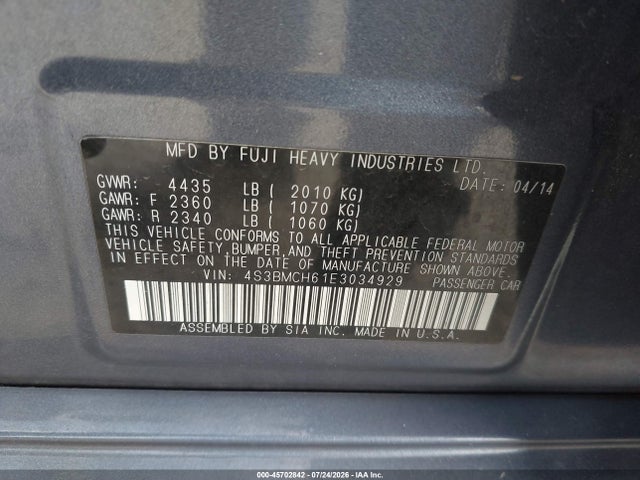 Продажа на аукционе авто 2014 Subaru Legacy 2.5 I Sport, vin: 4S3BMCH61E3034929, номер лота: 45702842