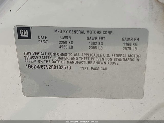 Продаж на аукціоні авто 2008 Cadillac Sts Rwd W/1sb, vin: 1G6DW67V280103570, номер лоту: 45702845