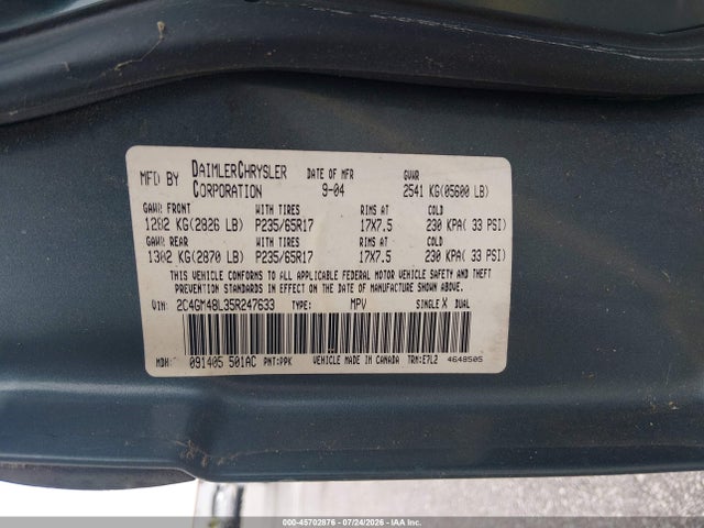 Продаж на аукціоні авто 2005 Chrysler Pacifica, vin: 2C4GM48L35R247633, номер лоту: 45702876