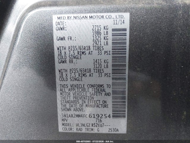 Auction sale of the 2015 Nissan Pathfinder Sl, vin: 5N1AR2MM4FC619254, lot number: 45702893