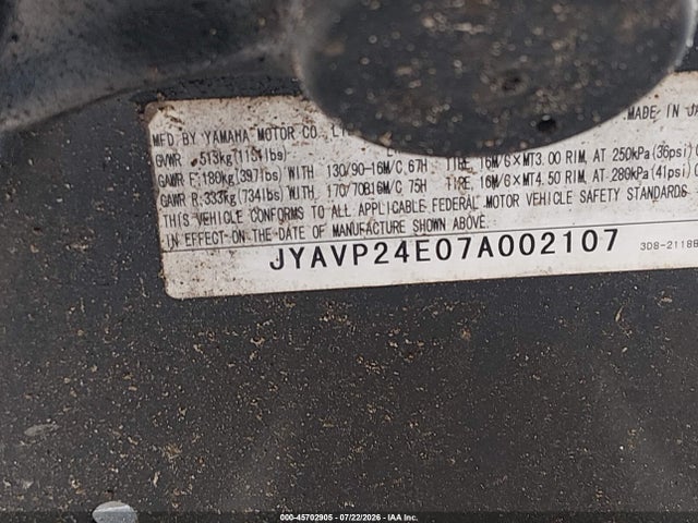 Продажа на аукционе авто 2007 Yamaha Xvs1300 A, vin: JYAVP24E07A002107, номер лота: 45702905