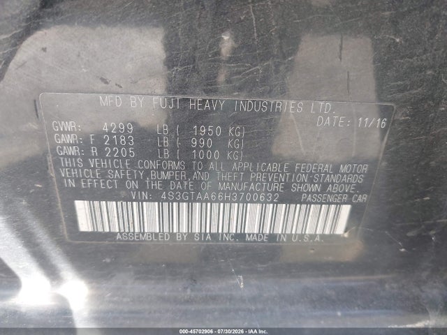 45702906 :رقم المزاد ، 4S3GTAA66H3700632 vin ، 2017 Subaru Impreza 2.0i مزاد بيع