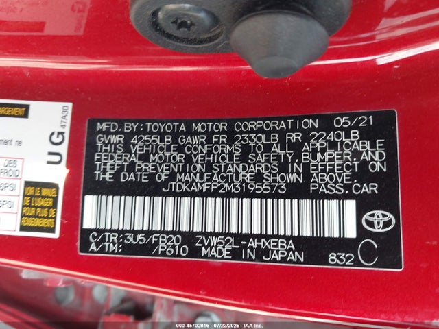 Продаж на аукціоні авто 2021 Toyota Prius Prime Le, vin: JTDKAMFP2M3195573, номер лоту: 45702916