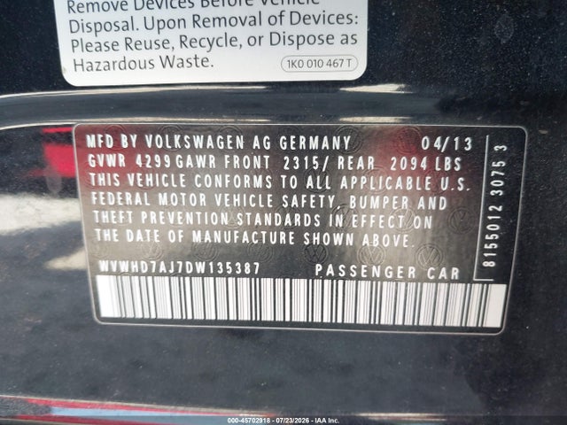 Продажа на аукционе авто 2013 Volkswagen Gti Drivers Edition, vin: WVWHD7AJ7DW135387, номер лота: 45702918