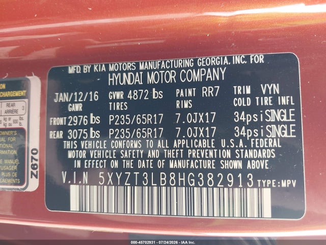 2017 Hyundai Santa Fe Sport 2.4l მანქანა იყიდება აუქციონზე, vin: 5XYZT3LB8HG382913, აუქციონის ნომერი: 45702931