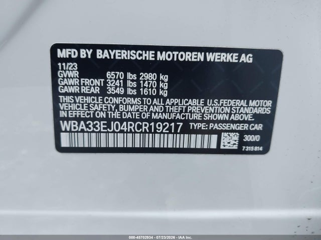 Aukcja sprzedaży 2024 Bmw 760i Xdrive, vin: WBA33EJ04RCR19217, numer aukcji: 45702934