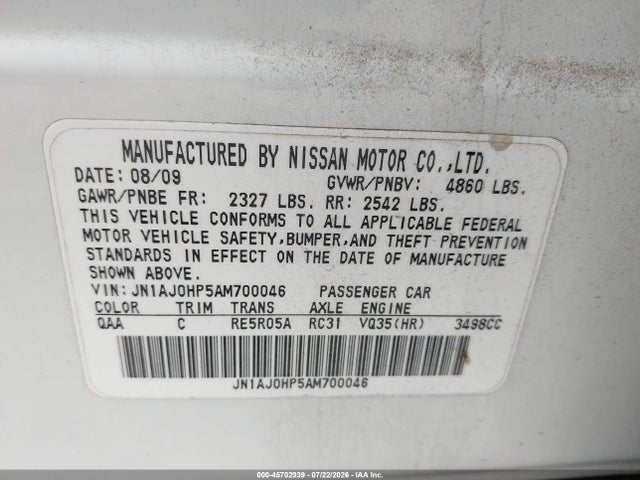 45702939 :رقم المزاد ، JN1AJ0HP5AM700046 vin ، 2010 Infiniti Ex35 Journey مزاد بيع