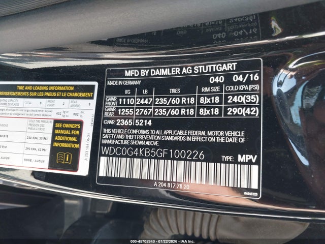 Aukcja sprzedaży 2016 Mercedes-benz Glc 300 4matic, vin: WDC0G4KB5GF100226, numer aukcji: 45702940