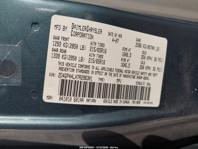 Продаж на аукціоні авто 2007 Dodge Grand Caravan Sxt, vin: 2D4GP44LX7R296301, номер лоту: 45702947