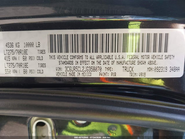 45702948 :رقم المزاد ، 3C6UR5CL2JG358070 vin ، 2018 Ram 2500 مزاد بيع