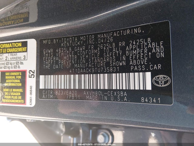 Aukcja sprzedaży 2026 Toyota Camry Se, vin: 4T1DAACK9TU735831, numer aukcji: 45702970