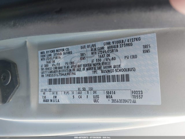 Продажа на аукционе авто 2005 Ford E-350 Super Duty Xl/xlt, vin: 1FBSS31L75HA98194, номер лота: 45702973