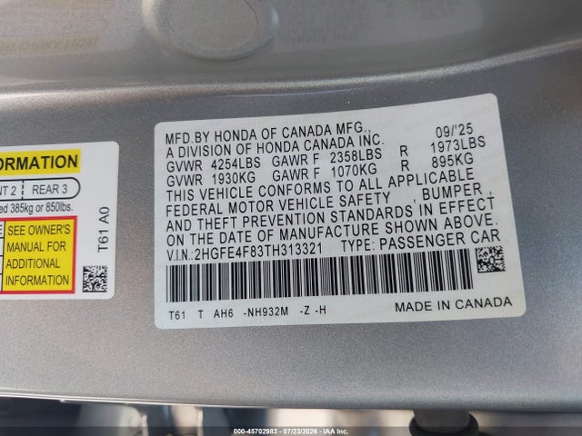 2026 Honda Civic Hybrid მანქანა იყიდება აუქციონზე, vin: 2HGFE4F83TH313321, აუქციონის ნომერი: 45702983