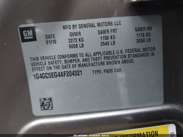 45702990 :رقم المزاد ، 1G4GC5EG4AF204321 vin ، 2010 Buick Lacrosse Cxl مزاد بيع