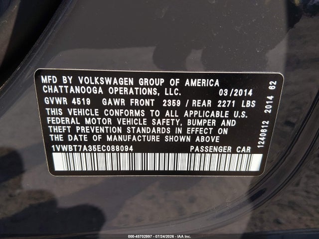 2014 Volkswagen Passat 1.8t Sport მანქანა იყიდება აუქციონზე, vin: 1VWBT7A35EC088094, აუქციონის ნომერი: 45702997