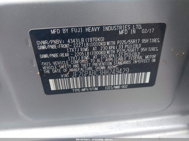 45703011 :رقم المزاد ، JF2GPABC3HH249429 vin ، 2017 Subaru Crosstrek 2.0i Premium مزاد بيع