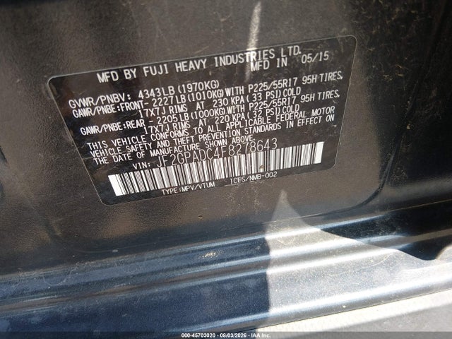 2015 Subaru Xv Crosstrek 2.0i Premium მანქანა იყიდება აუქციონზე, vin: JF2GPADC4F8278643, აუქციონის ნომერი: 45703020