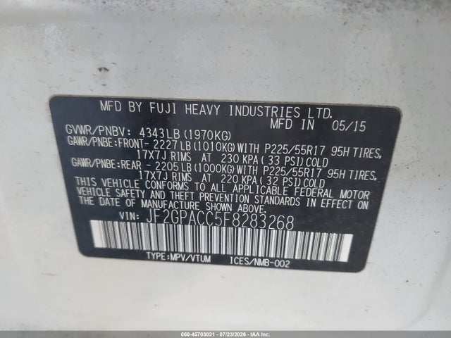 Aukcja sprzedaży 2015 Subaru Xv Crosstrek 2.0i Premium, vin: JF2GPACC5F8283268, numer aukcji: 45703031
