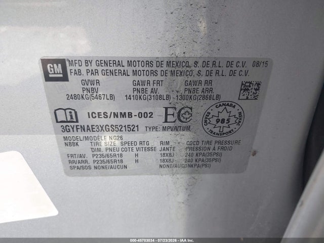 Aukcja sprzedaży 2016 Cadillac Srx Standard, vin: 3GYFNAE3XGS521521, numer aukcji: 45703034