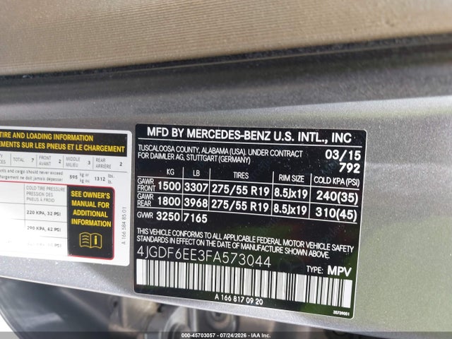 2015 Mercedes-benz Gl 450 4matic მანქანა იყიდება აუქციონზე, vin: 4JGDF6EE3FA573044, აუქციონის ნომერი: 45703057