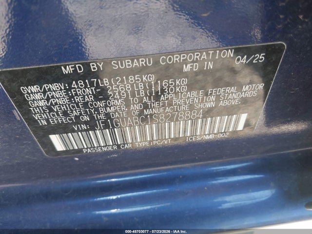 Продаж на аукціоні авто 2025 Subaru Impreza Base 5-door, vin: JF1GUABC1S8278884, номер лоту: 45703077