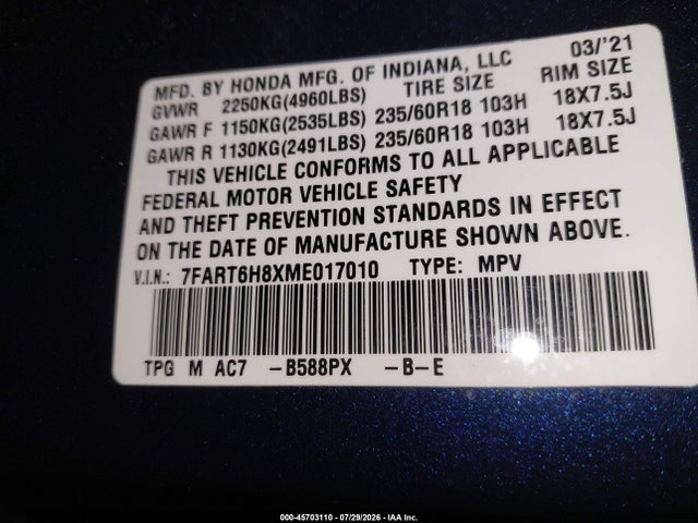 7FART6H8XME017010 Honda Cr-v Hybrid Ex-l