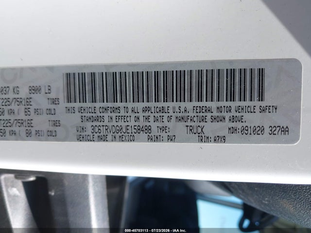45703113 :رقم المزاد ، 3C6TRVDG0JE158488 vin ، 2018 Ram Promaster 2500 High Roof 159 Wb مزاد بيع