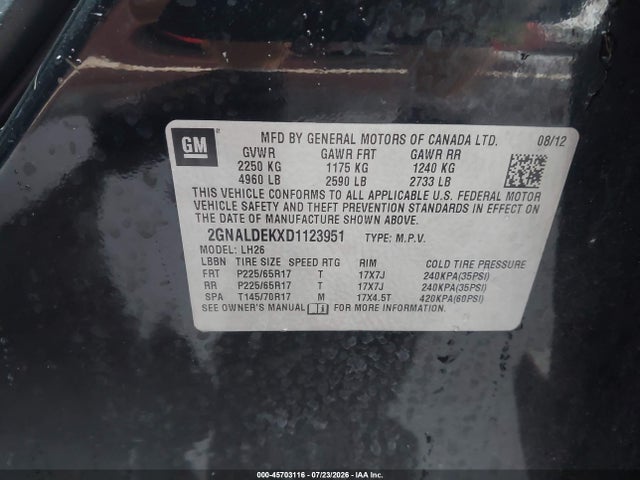 Aukcja sprzedaży 2013 Chevrolet Equinox Lt, vin: 2GNALDEKXD1123951, numer aukcji: 45703116