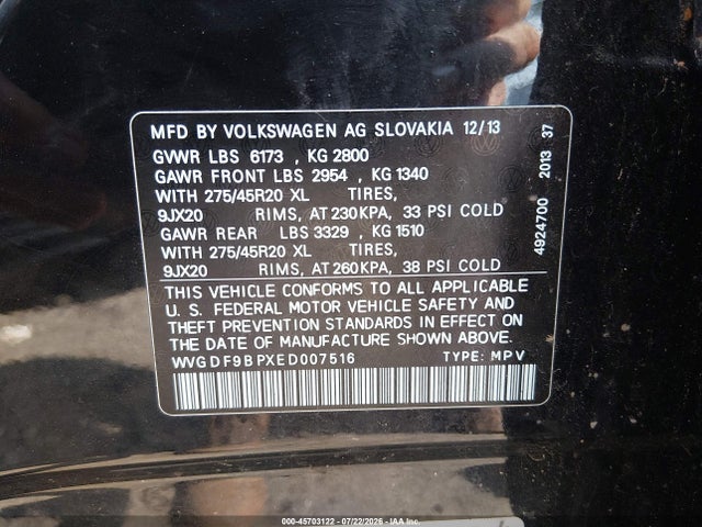 Aukcja sprzedaży 2014 Volkswagen Touareg 3.6l R-line, vin: WVGDF9BPXED007516, numer aukcji: 45703122
