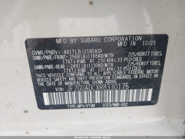 Продаж на аукціоні авто 2024 Subaru Crosstrek Premium, vin: JF2GUADCXR8330175, номер лоту: 45703129