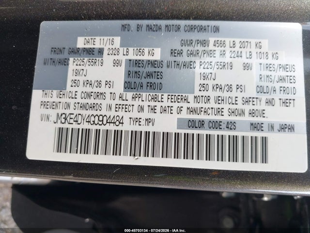 2016 Mazda Cx-5 Grand Touring მანქანა იყიდება აუქციონზე, vin: JM3KE4DY4G0904484, აუქციონის ნომერი: 45703134