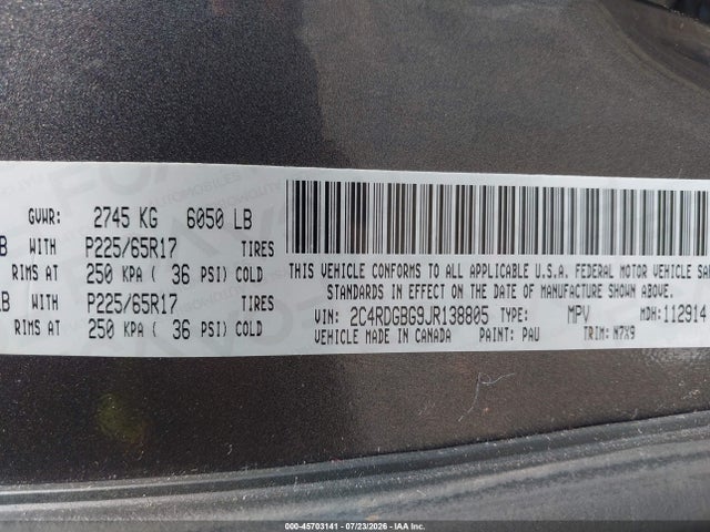 Продаж на аукціоні авто 2018 Dodge Grand Caravan Se Plus, vin: 2C4RDGBG9JR138805, номер лоту: 45703141