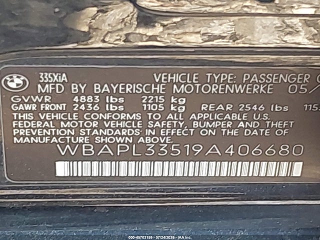 Продаж на аукціоні авто 2009 Bmw 335i Xdrive, vin: WBAPL33519A406680, номер лоту: 45703159