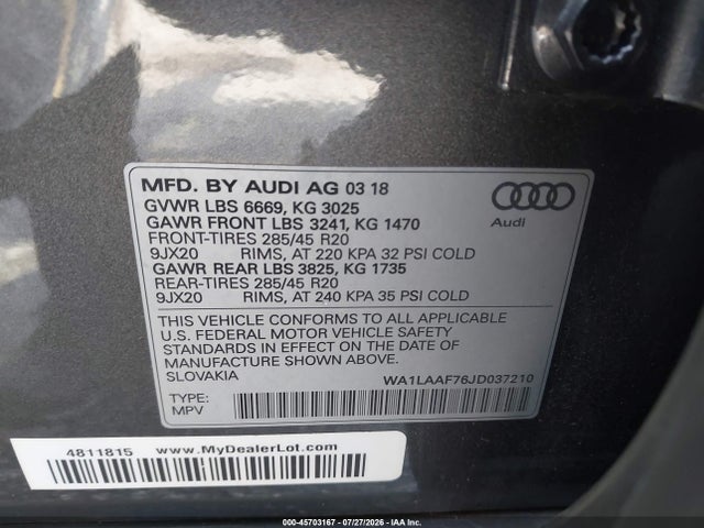 2018 Audi Q7 3.0t Premium მანქანა იყიდება აუქციონზე, vin: WA1LAAF76JD037210, აუქციონის ნომერი: 45703167