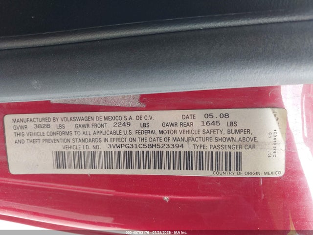 Продаж на аукціоні авто 2008 Volkswagen New Beetle S, vin: 3VWPG31C58M523394, номер лоту: 45703176